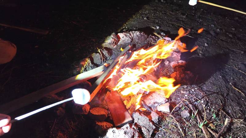 A marshmallow on a long fork held over a campfire at night
