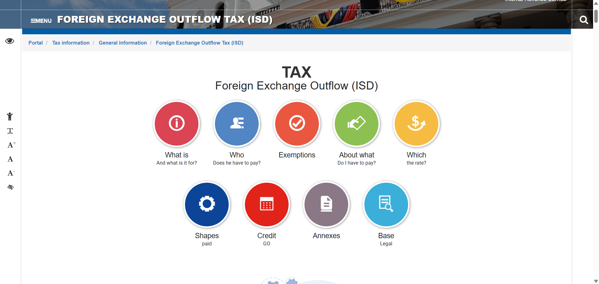 Ecuador's SRI portal page for the ISD (foreign-currency outflow tax), showing the 5% rate and exemption thresholds