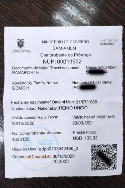 Visa Extension Ecuador Receipt