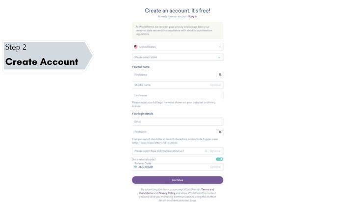Ecuador WorldRemit - Step 2 - Create Account