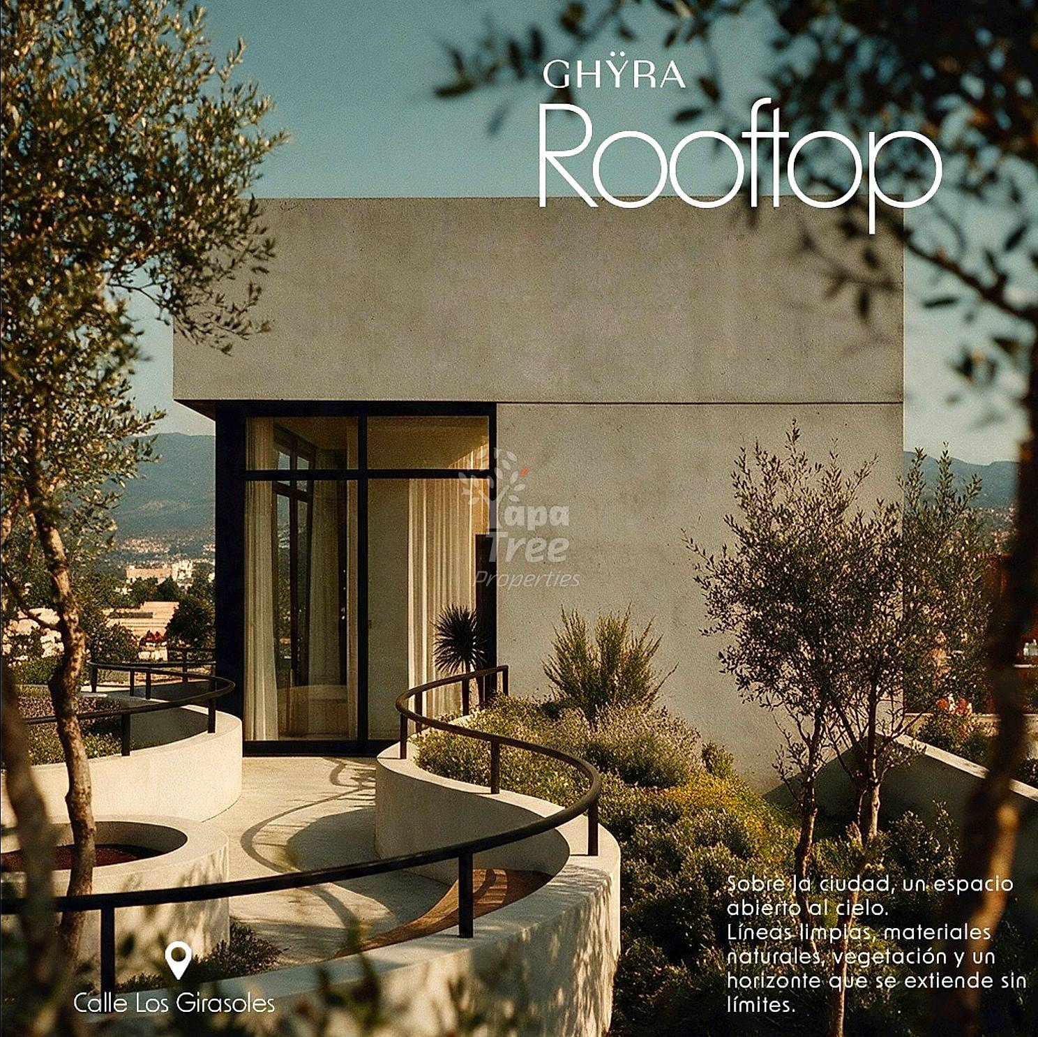 Render of the rooftop terrace with curved planters and views over the city