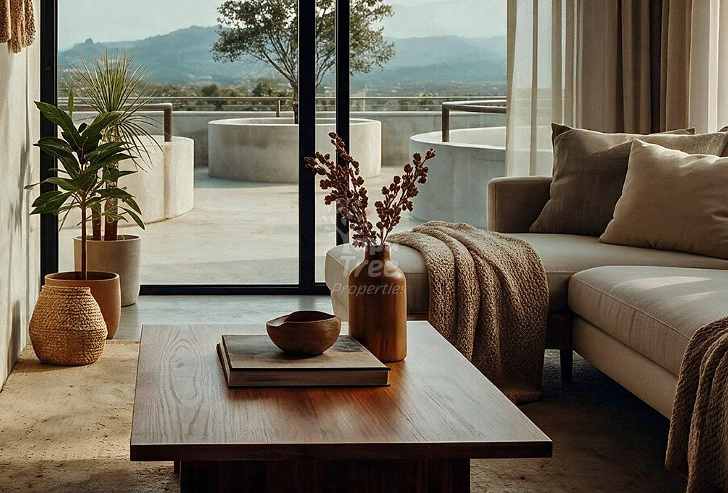 Render of a living room opening onto a terrace with views of the hills