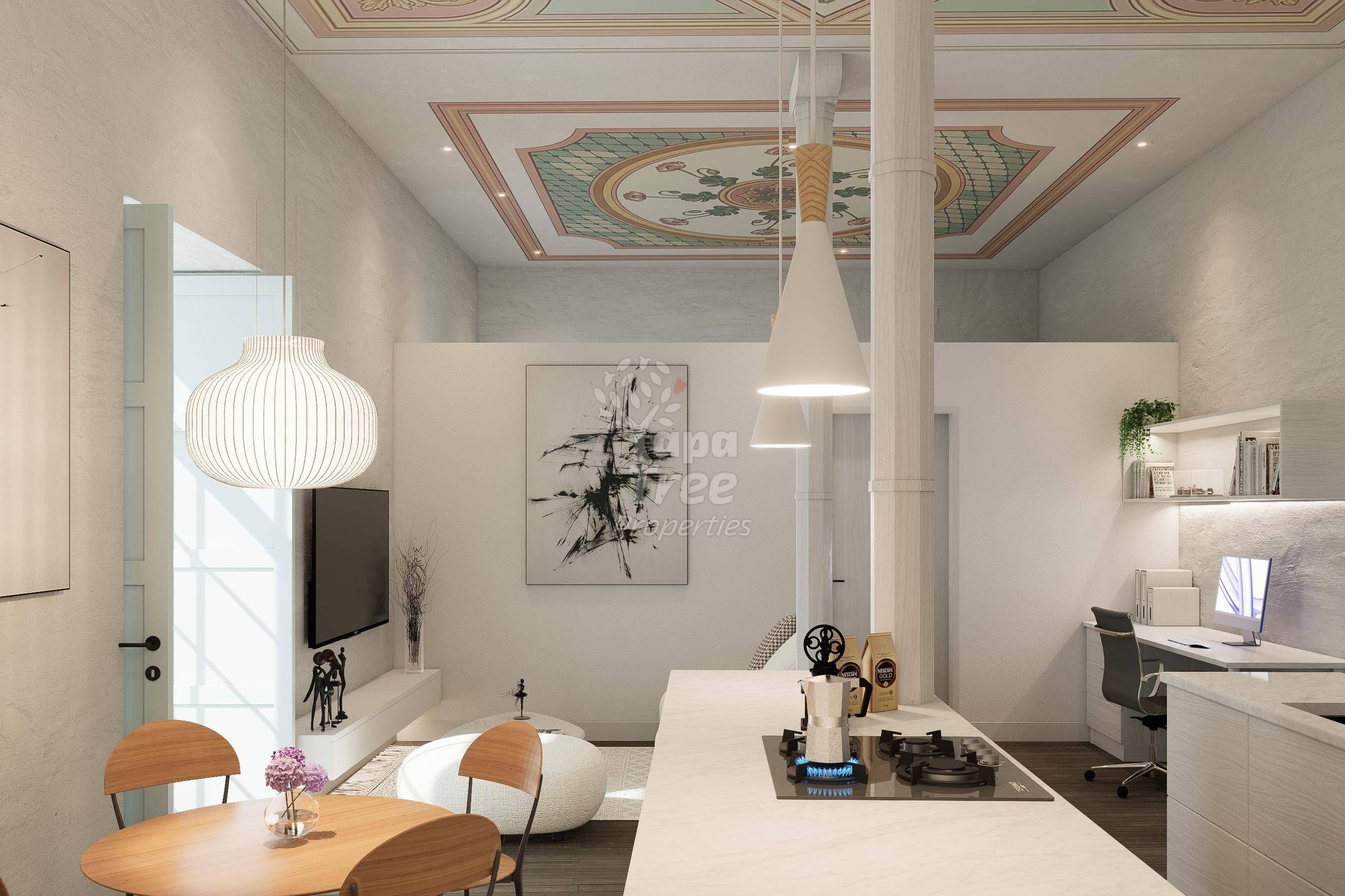 kitchen with heritage ceiling