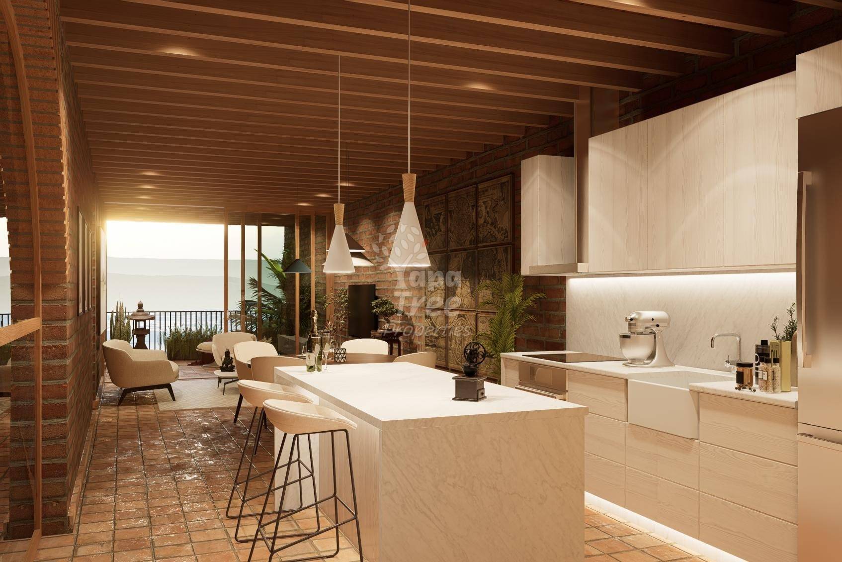 kitchen island under a timber beam ceiling