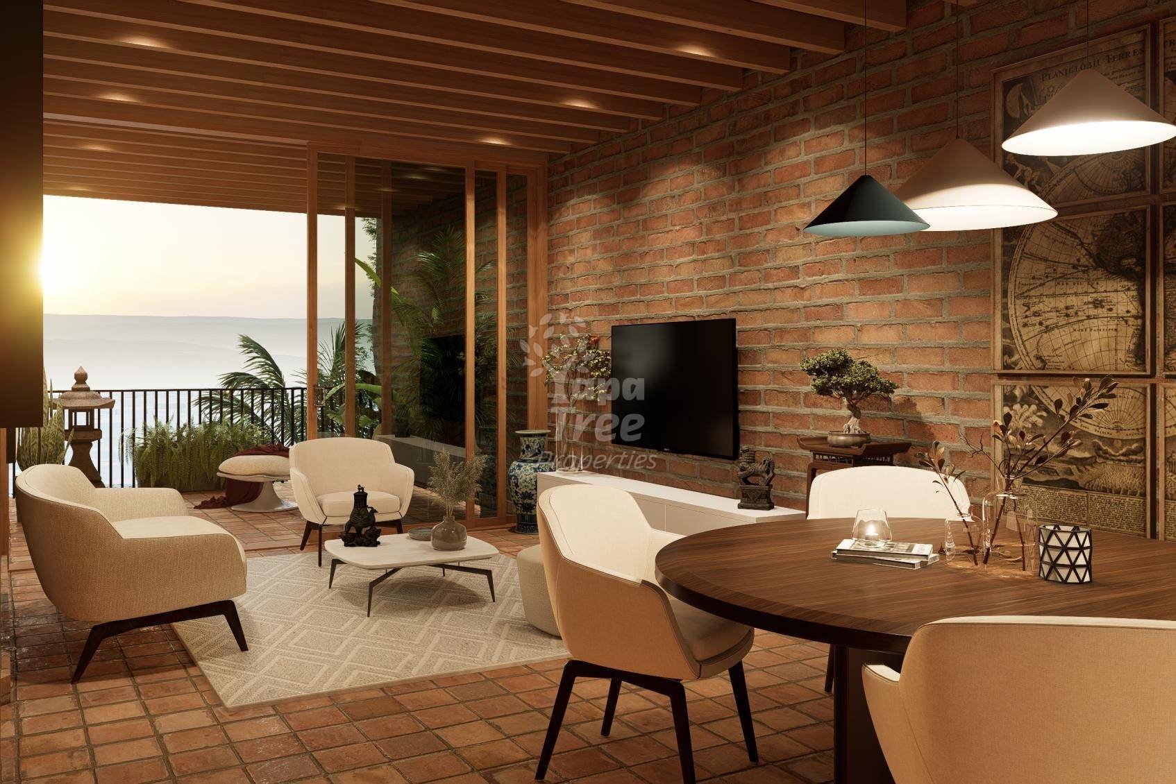 living and dining opening onto the covered terrace