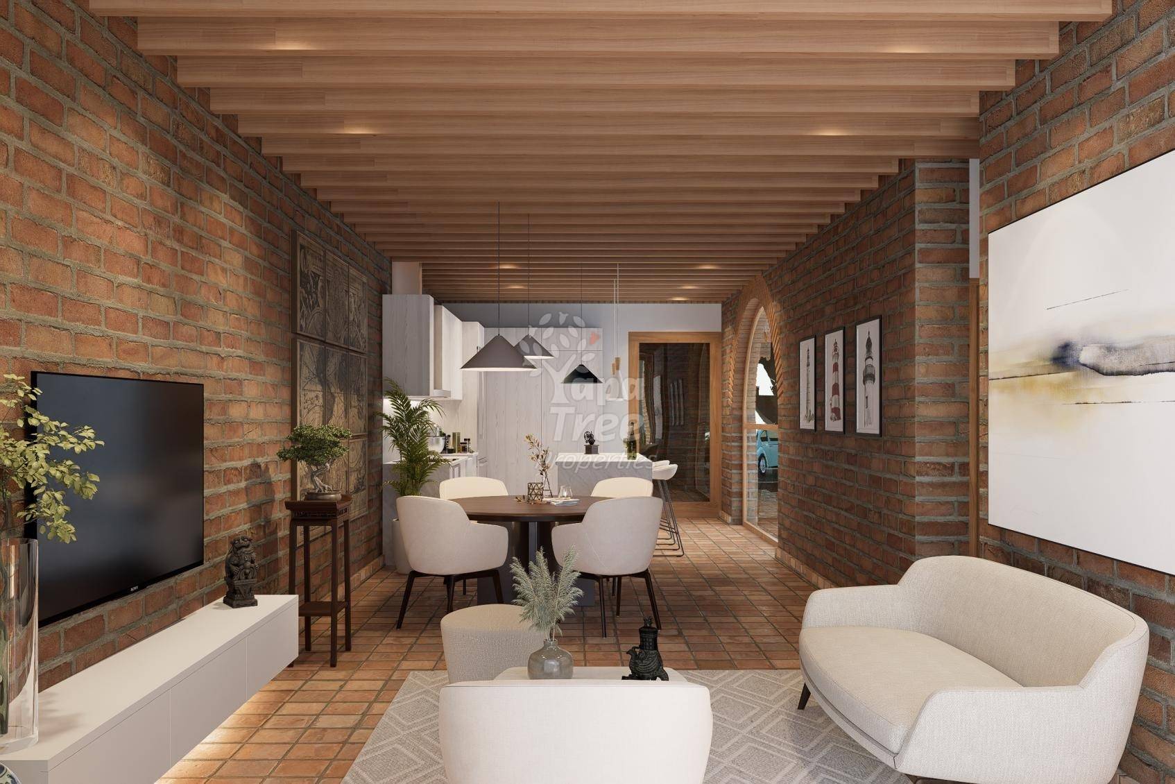 living room through to the dining area and kitchen