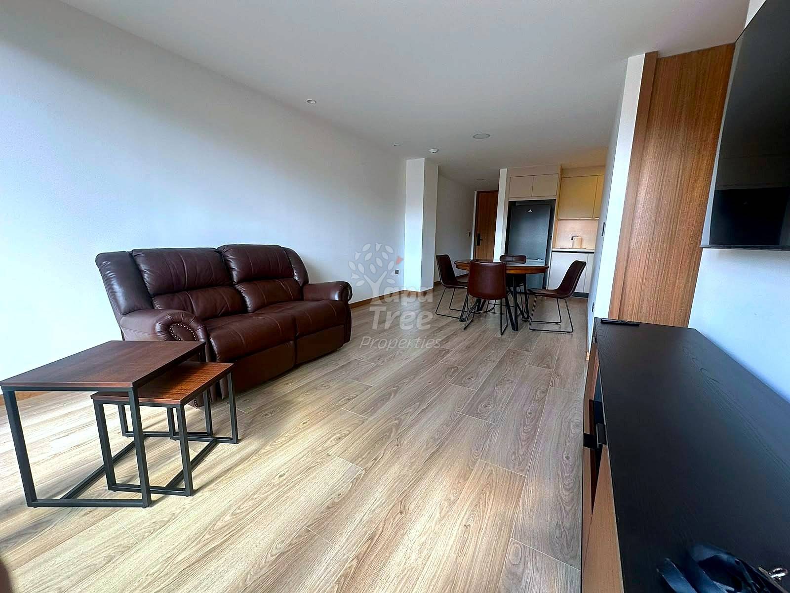 Open living room with burgundy leather sofa, wooden coffee tables, wood plank flooring, dining table with chairs, and wall-mounted TV.