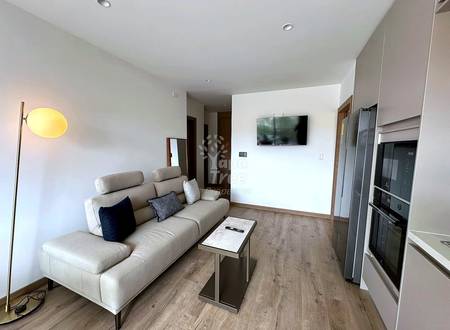 Open-concept living area with beige sofa, wall-mounted TV, wooden flooring, recessed ceiling lights, and integrated kitchen with stainless steel appliances.