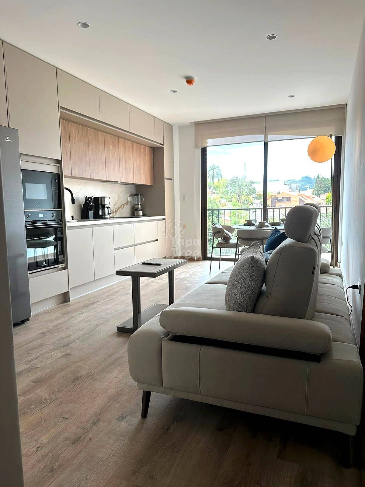 An open concept living room and kitchen area with light wooden flooring and a large glass door.