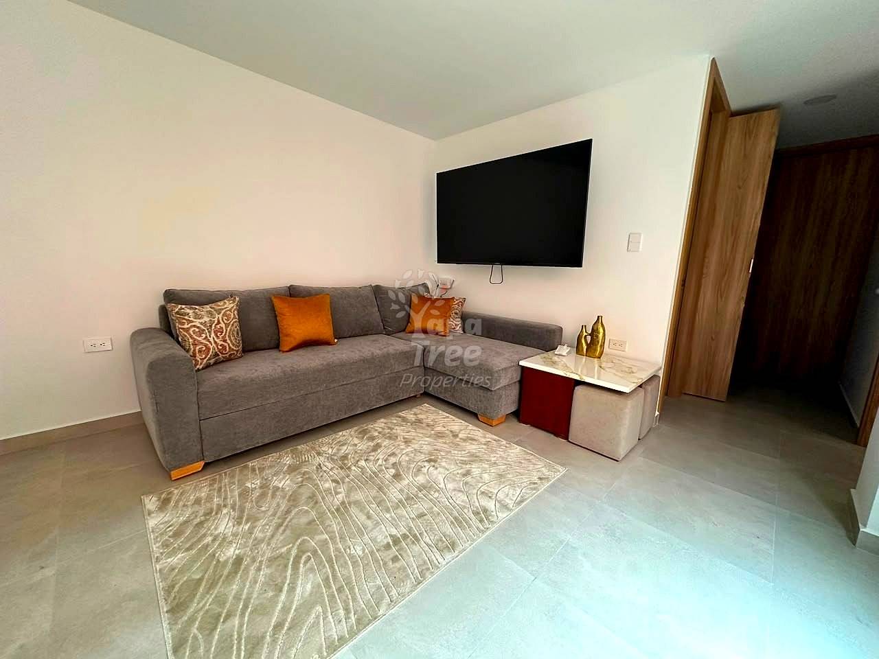 Living room with gray L-shaped sectional sofa, orange and patterned cushions, wall-mounted flat-screen TV, geometric area rug, and wooden wardrobe doors.
