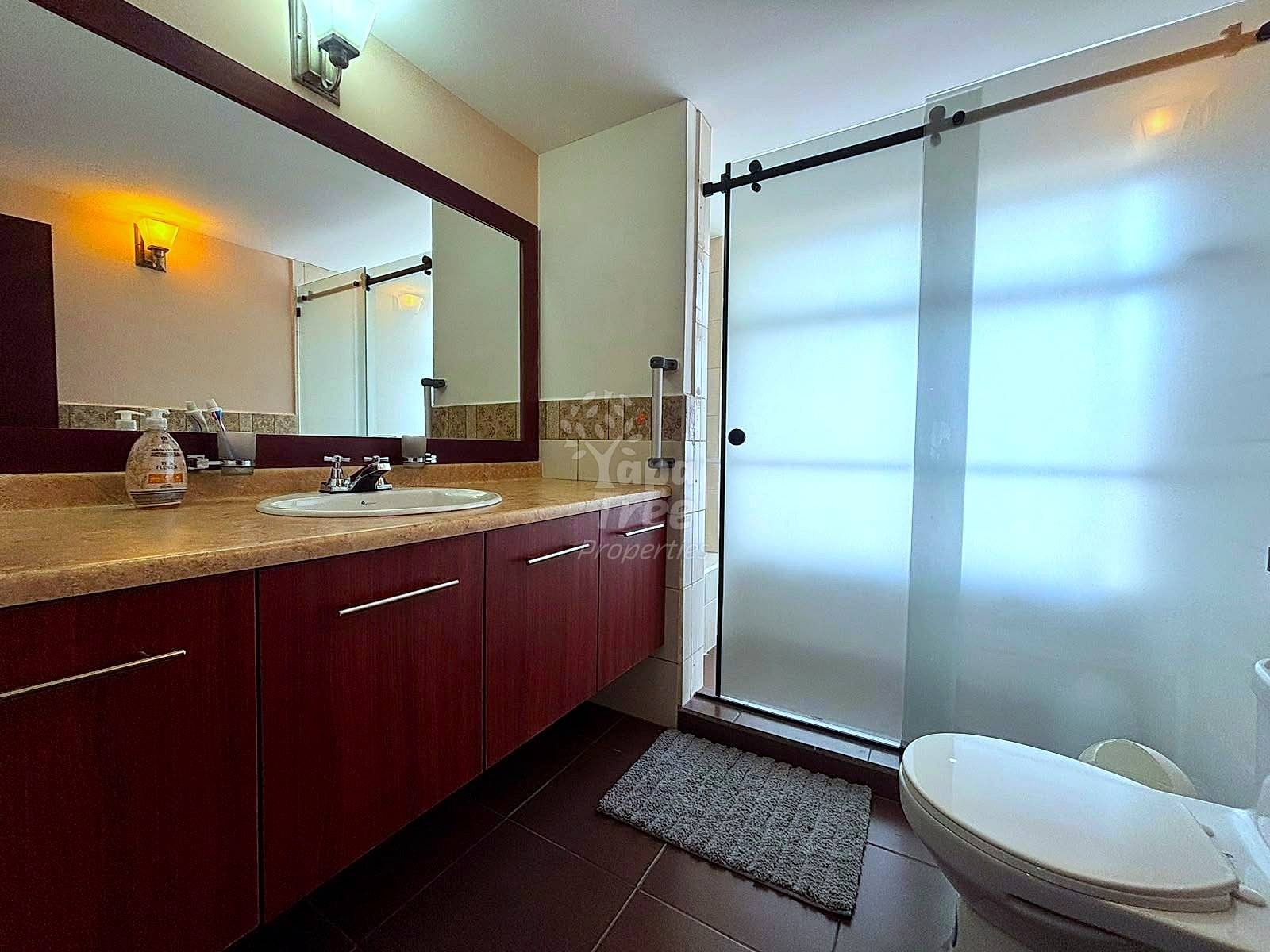 Modern bathroom with dark wood vanity, marble countertop, large mirror with dark frame, glass shower enclosure with sliding door, and white soaking tub.