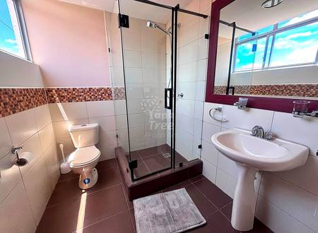 Bathroom with white ceramic tiles, brown tile floor, glass shower enclosure with black frame, white toilet, pedestal sink, and high windows with natural light.