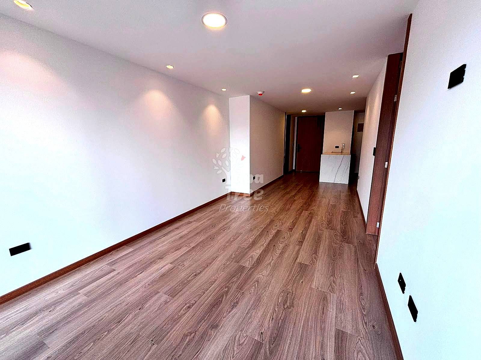 Open-plan departamento interior with wood-grain laminate flooring, white walls, recessed ceiling lights, and dark wood door frame on right side.