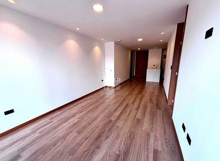 Open-plan departamento interior with wood-grain laminate flooring, white walls, recessed ceiling lights, and dark wood door frame on right side.