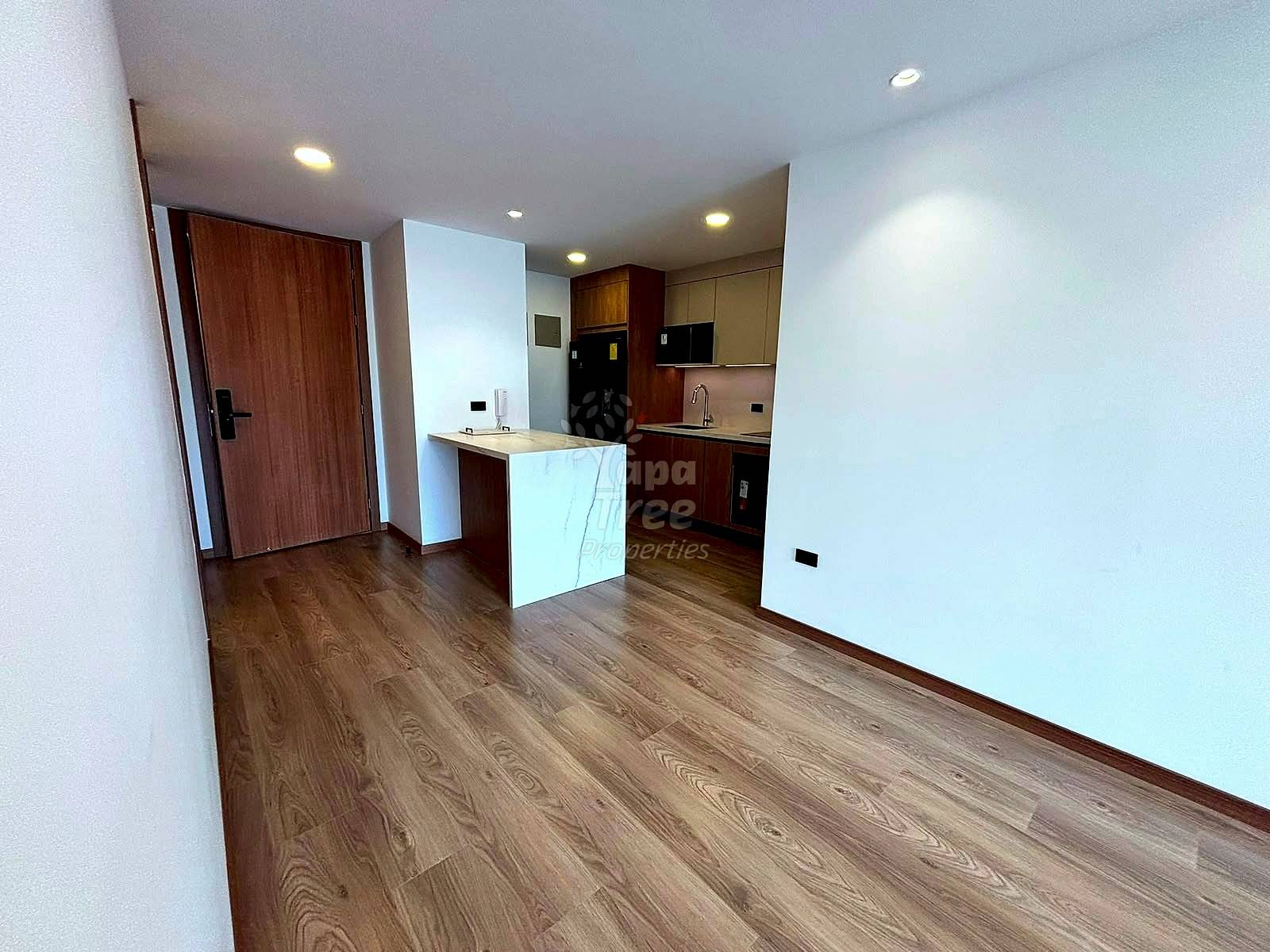 Open-plan departamento with wood-look laminate flooring, white island counter, brown wood cabinetry, black appliances, recessed ceiling lights, and wooden entry door.