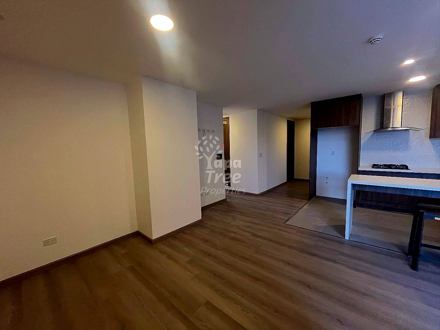 Open-plan living and kitchen area with laminate flooring, white walls, recessed ceiling lights, gas stove, and modern cabinetry.