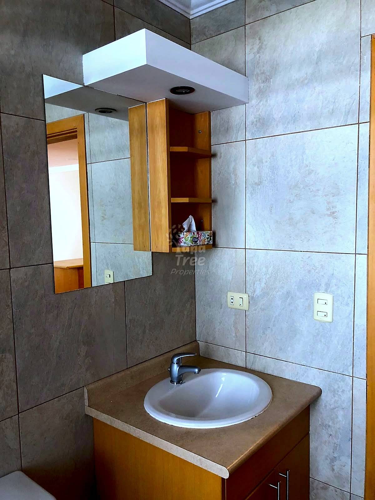 Bathroom with gray tile walls, round white sink on wood vanity, mirror cabinet, and wooden shelf storage above.