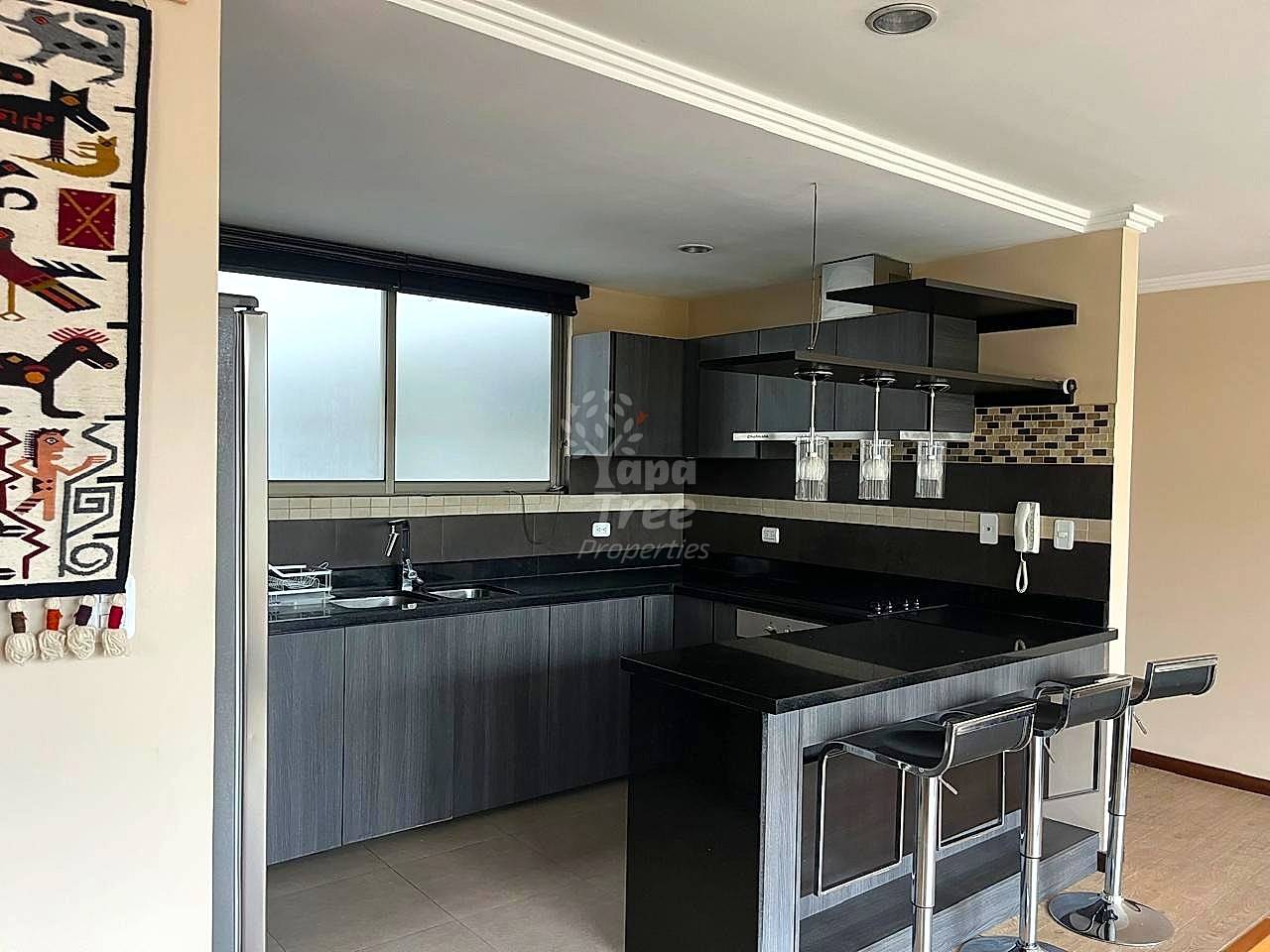 Modern kitchen with dark cabinetry, black granite countertops, mosaic tile backsplash, island with bar seating, and large window with frosted glass.