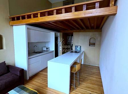 Studio apartment with loft bed overhead, white kitchen island, equipped cocina, wooden flooring, and burgundy sofa with natural light