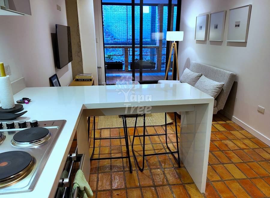 Studio apartment with open-plan cocina and dining area, white counter with bar seating, terracotta tile floor, and bed visible in background near large window.
