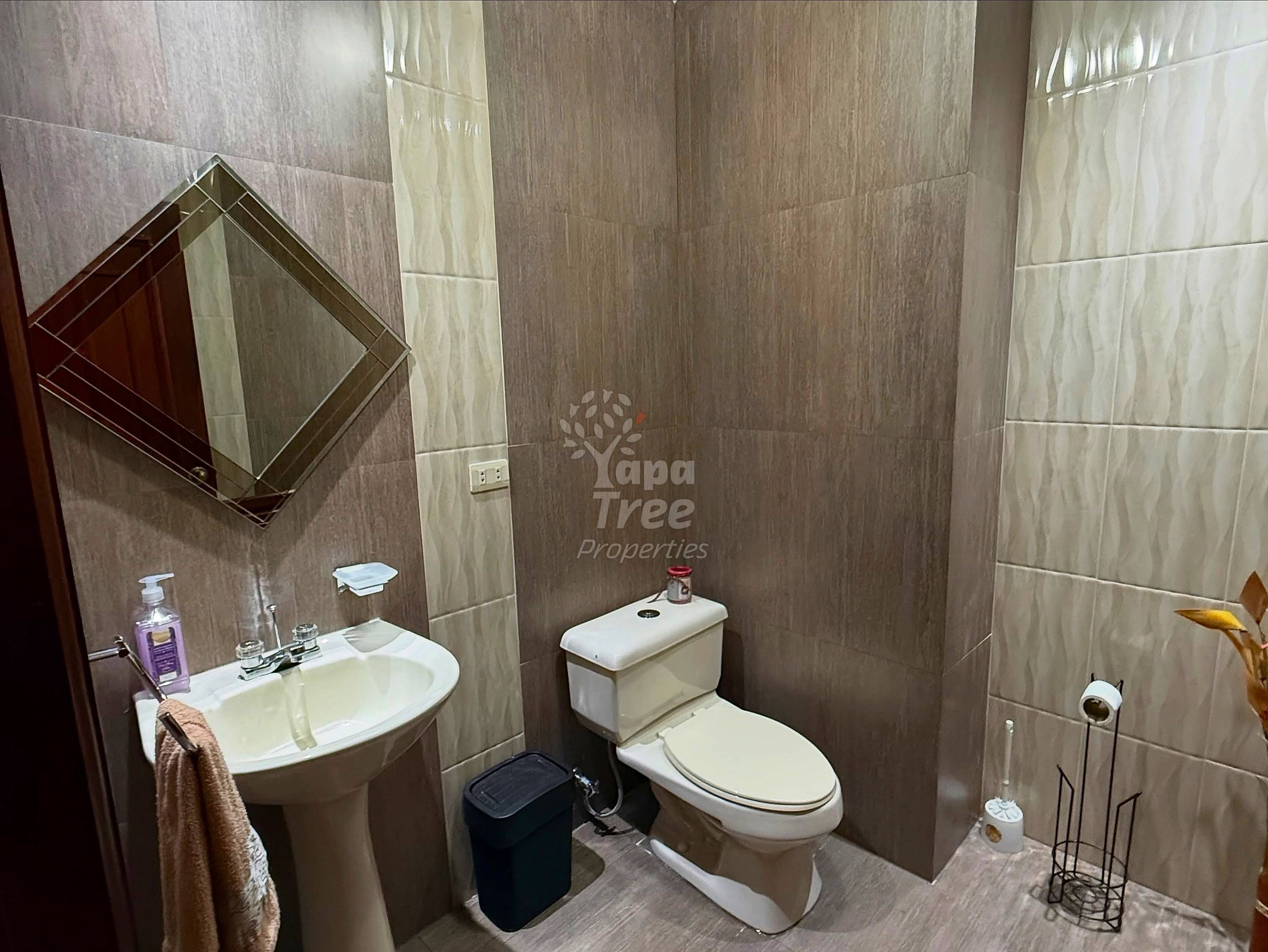 Bathroom with wood-grain tile walls, pedestal sink with mirror, white toilet, and toilet paper holder on floor.
