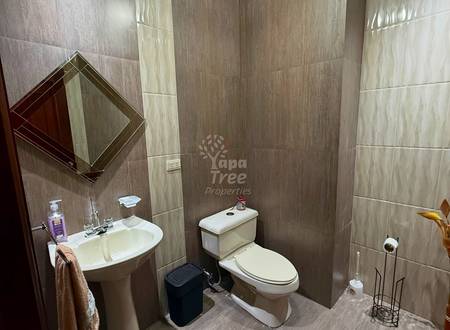 Bathroom with wood-grain tile walls, pedestal sink with mirror, white toilet, and toilet paper holder on floor.