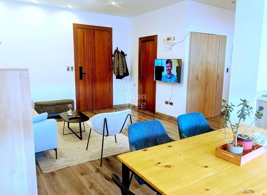 Open-plan living room with wooden dining table, blue upholstered chairs, light blue accent chair, wall-mounted TV, wooden doors, and recessed ceiling lights.