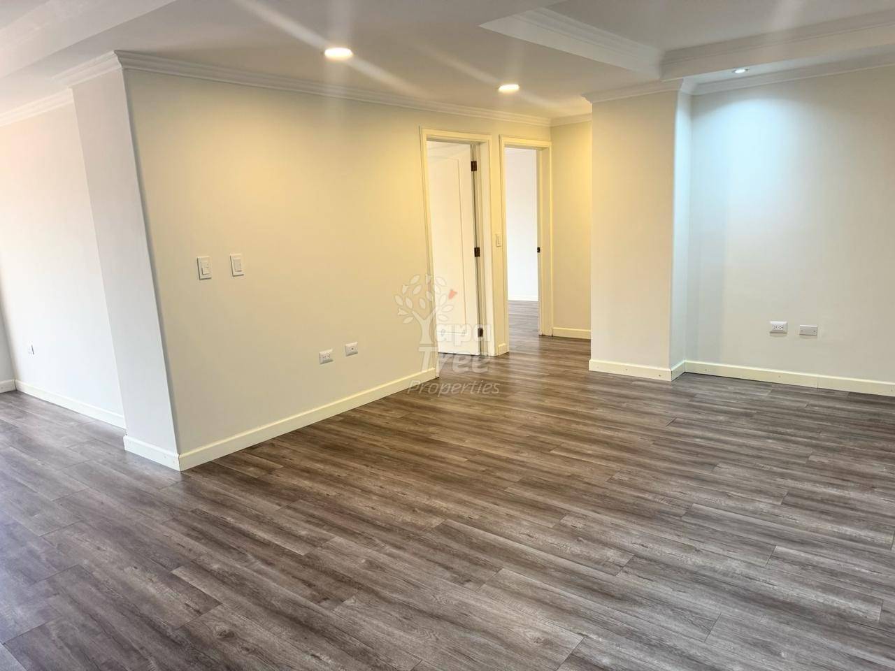 Empty living room with cream walls, wood-look laminate flooring, recessed ceiling lights, and two white interior doors.