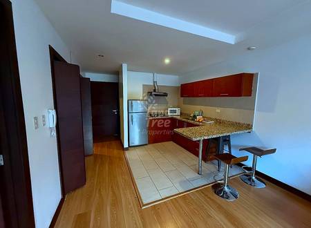 Open-plan kitchen and dining area with red cabinetry, granite countertop, stainless steel appliances, bar seating, and skylight above wood flooring.