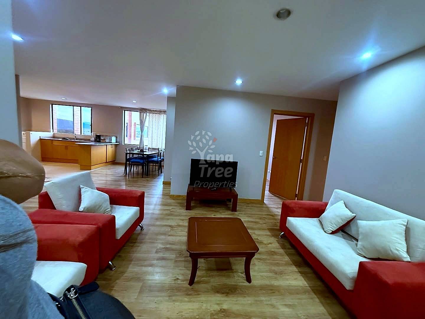 Open-plan living room with red and cream armchairs, wooden coffee table, flat-screen TV, wood flooring, and recessed ceiling lights.