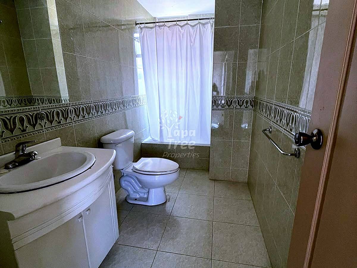 Bathroom with beige tile walls, decorative border trim, round sink with vanity, toilet, and bathtub with white shower curtain and window.