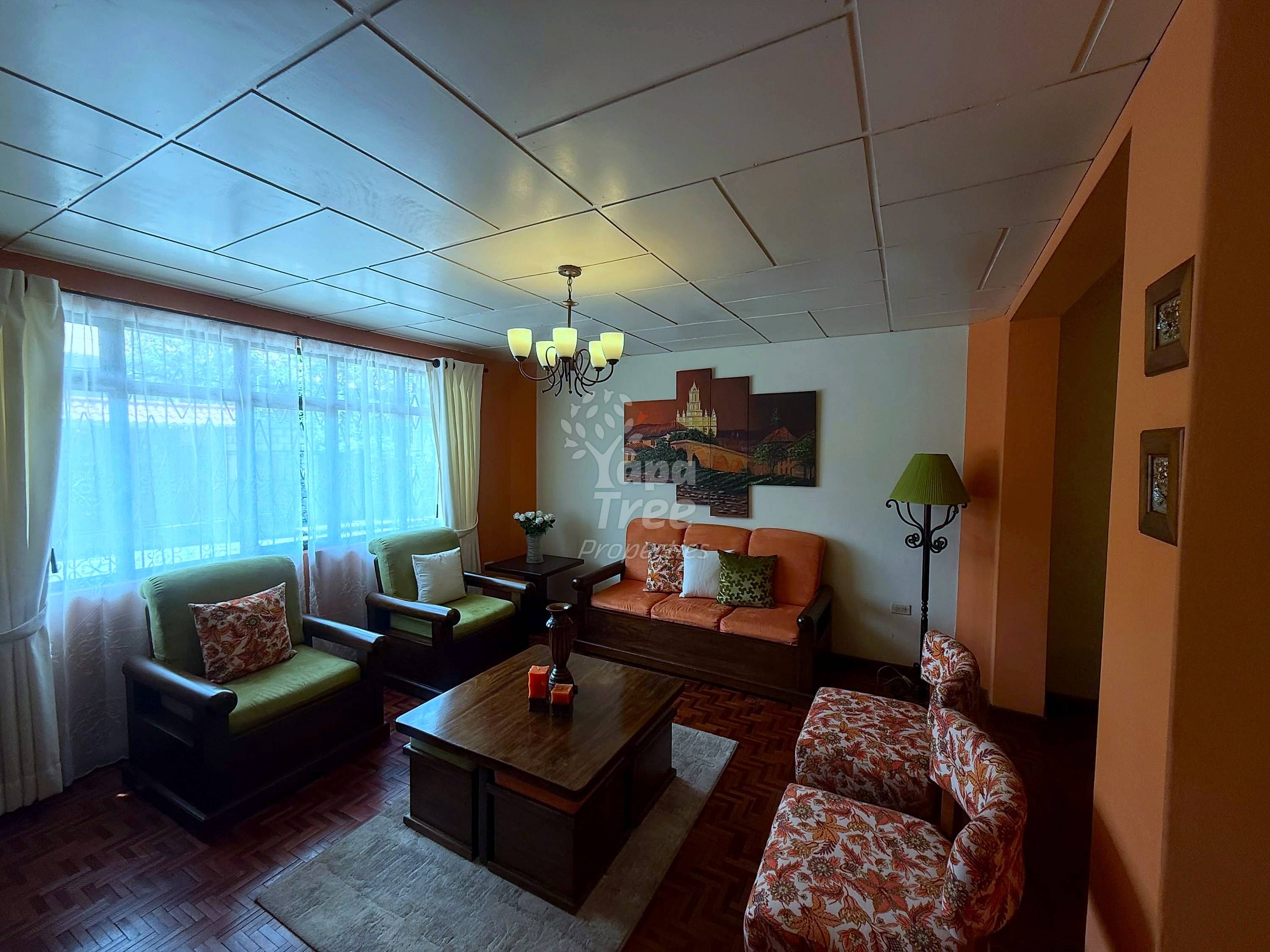 Living room with orange accent walls, drop ceiling, dark wood furniture, orange and cream upholstered seating, and large windows with sheer curtains.