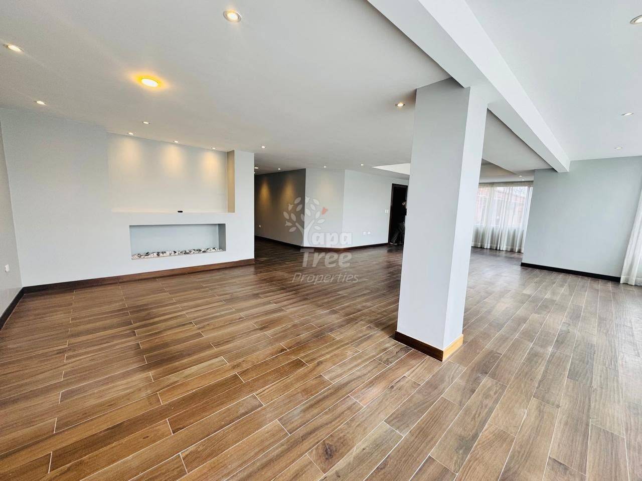 Open living area with wood-look tile flooring, white walls, recessed ceiling lights, support columns, and built-in fireplace feature.