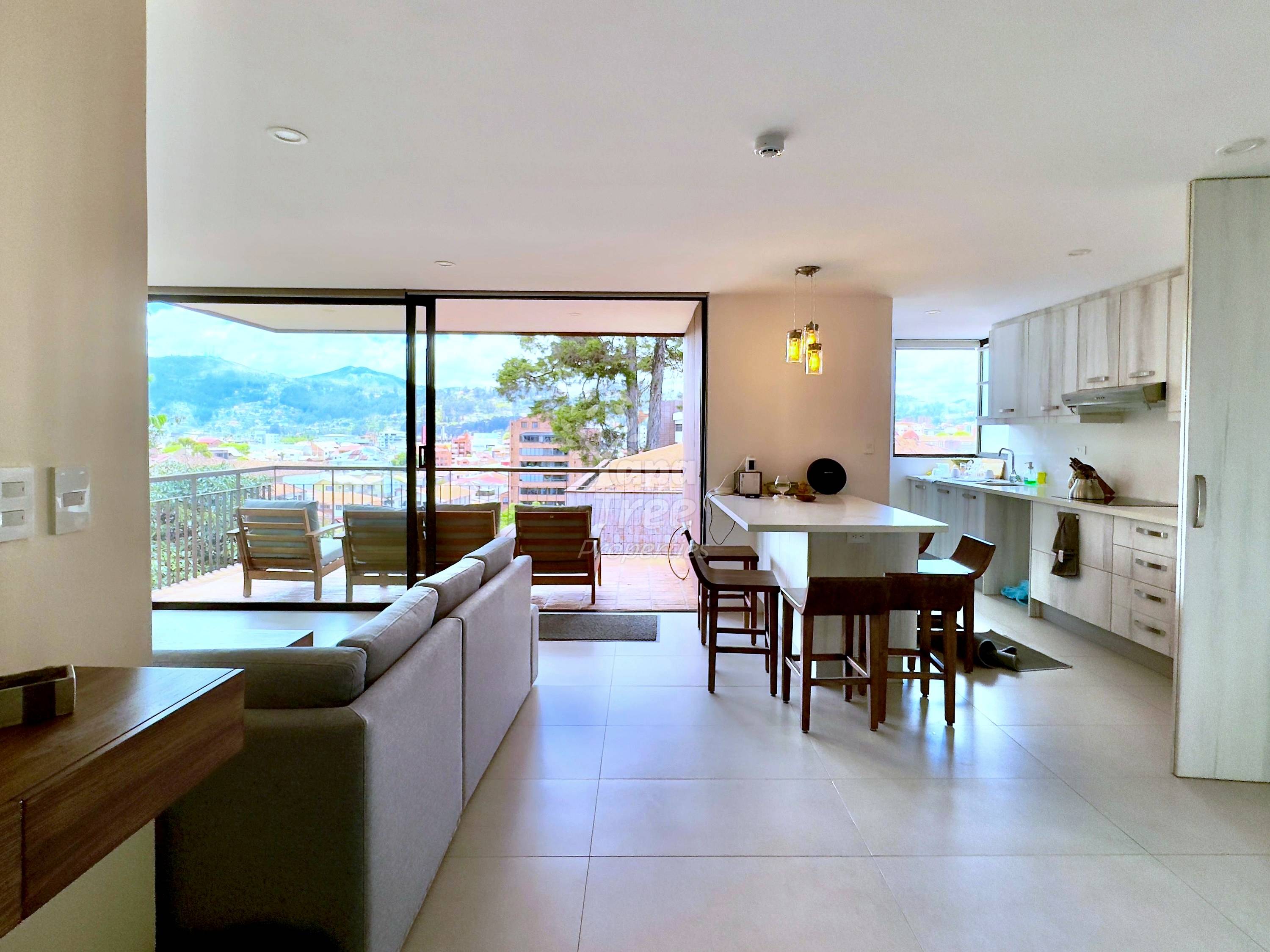 Open-plan departamento with gray sofa, dining area, white kitchen, large glass doors opening to balcony with mountain views of Cuenca.