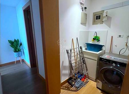 Laundry room with black front-load washing machine, white shelving with blue sink basin, metal drying rack, potted plant, and wood-grain flooring.