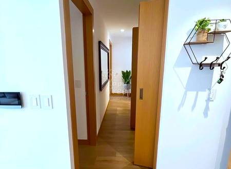 Hallway with wooden doors, white walls, recessed lighting, and wall-mounted wire shelf with plant on right side.