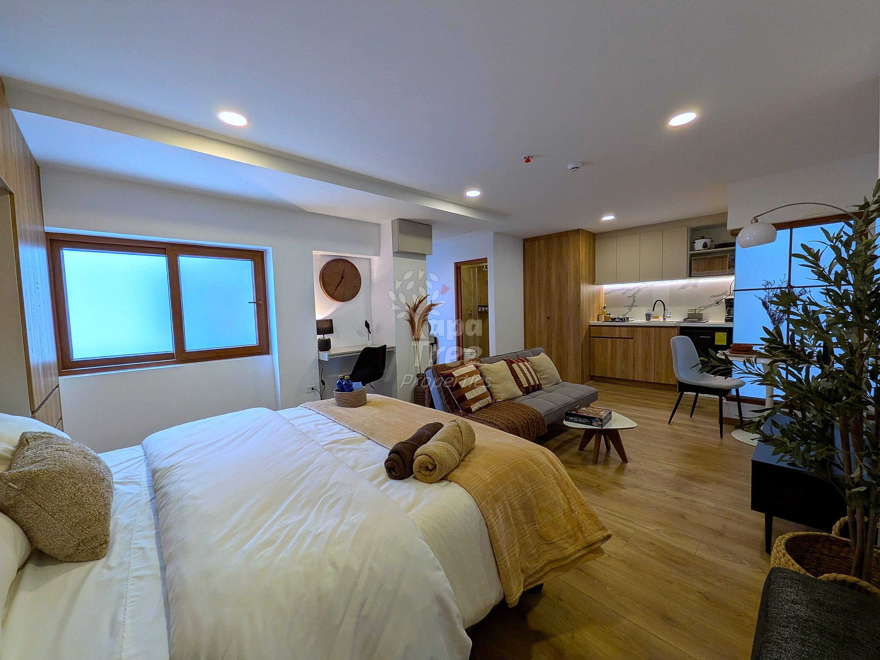 Studio suite with queen bed, integrated living area with gray sofa, wooden kitchen with modern fixtures, recessed ceiling lights, and large windows with brown frames.
