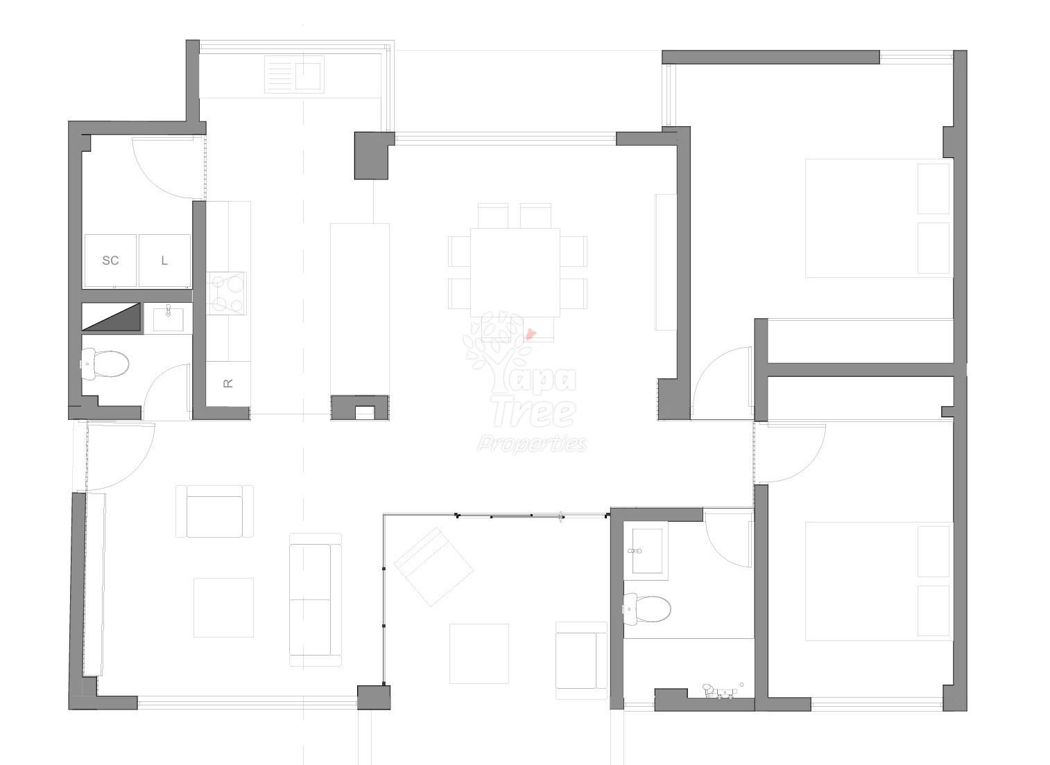 Architectural floor plan showing two departamentos with living areas, bedrooms, kitchens, bathrooms, and labeled storage spaces marked SC and L.
