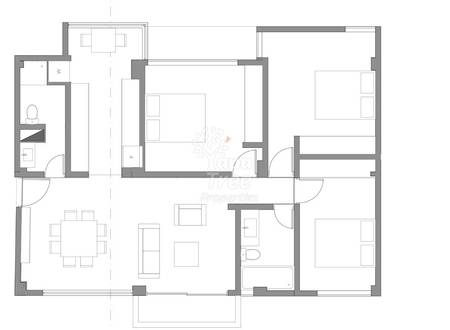 Architectural floor plan showing multiple departamentos with bedrooms, bathrooms, kitchen areas, and shared living spaces in gray and white layout.