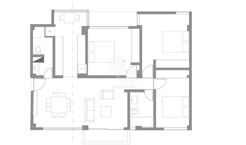 Architectural floor plan showing multiple departamentos with bedrooms, bathrooms, kitchen areas, and shared living spaces in gray and white layout.