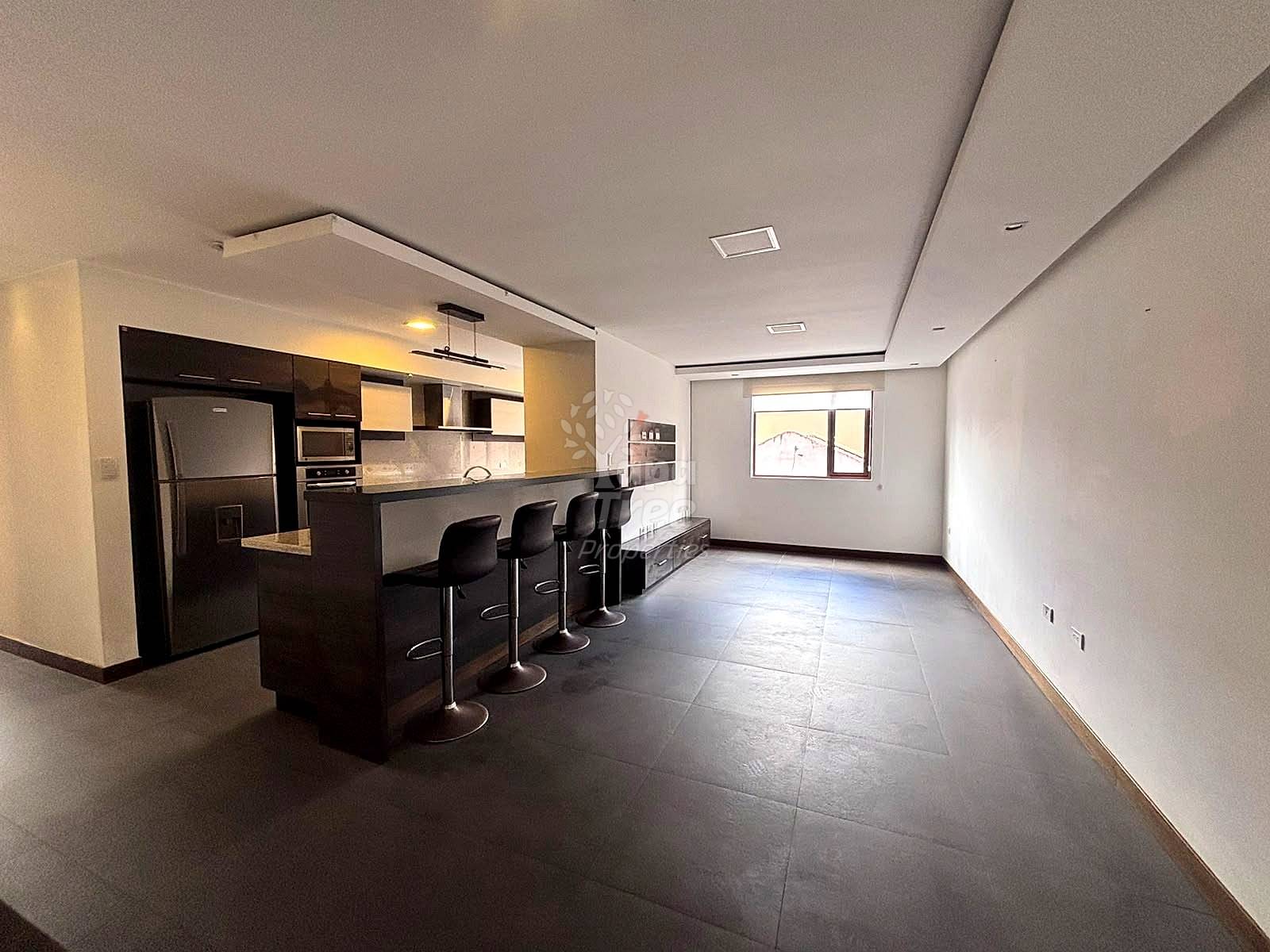 Open-plan departamento with dark tile flooring, modern black kitchen featuring island with bar seating, stainless steel refrigerator, and window with natural light.