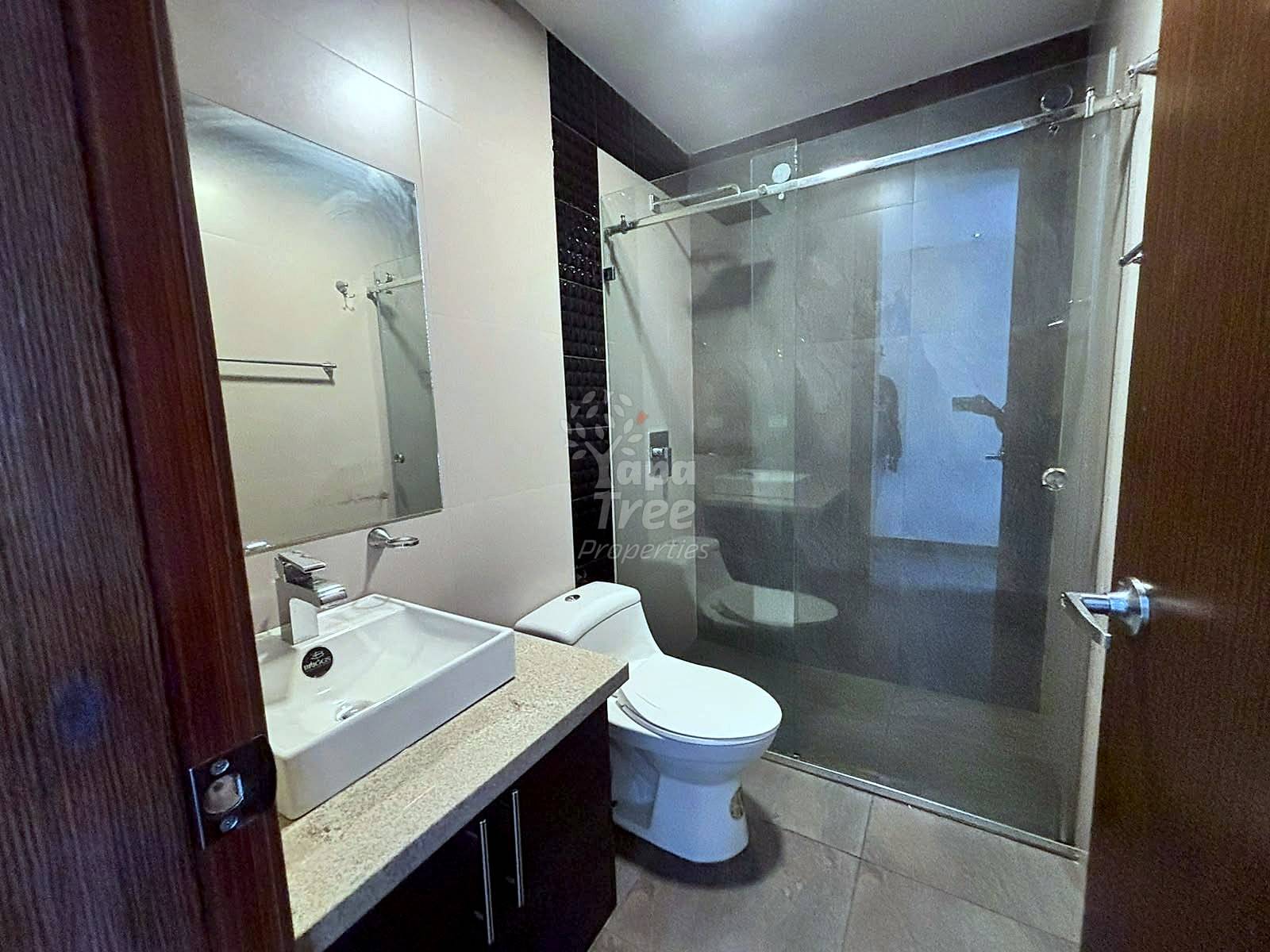 Modern bathroom with white rectangular sink, dark vanity, toilet, and glass-enclosed shower with sliding door and dark tile accents.