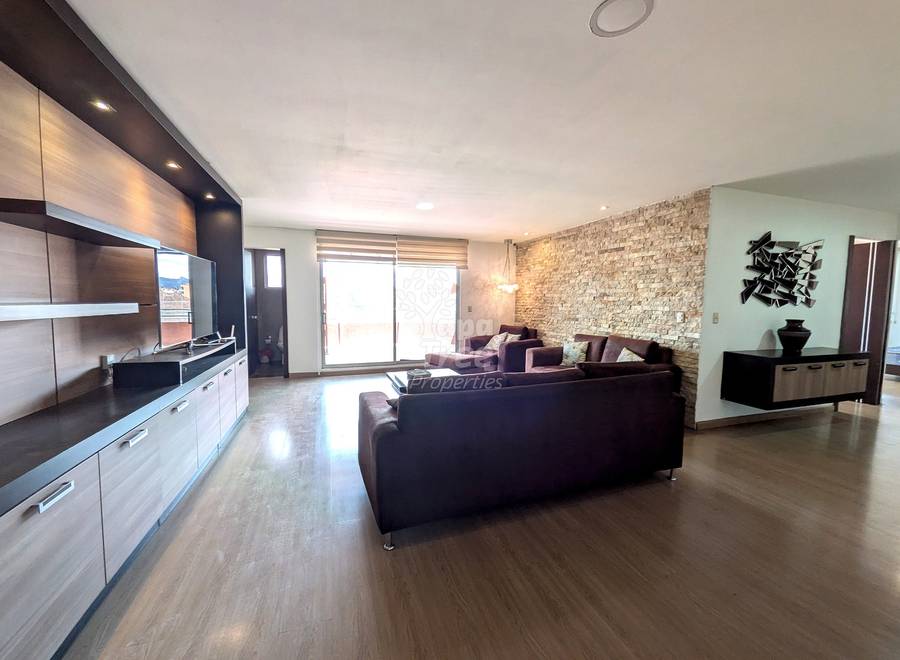 Open-plan living room and kitchen with dark leather sofa, wooden flooring, stone accent wall, built-in cabinetry, and glass sliding doors to balcony.