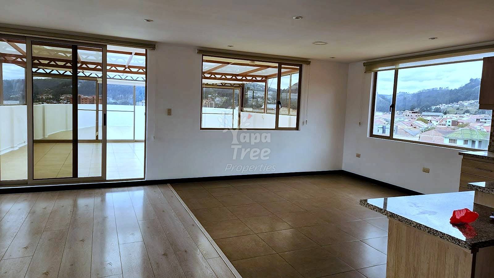 Open-concept living area with mixed flooring, multiple windows with mountain views, and kitchen counter with granite top.
