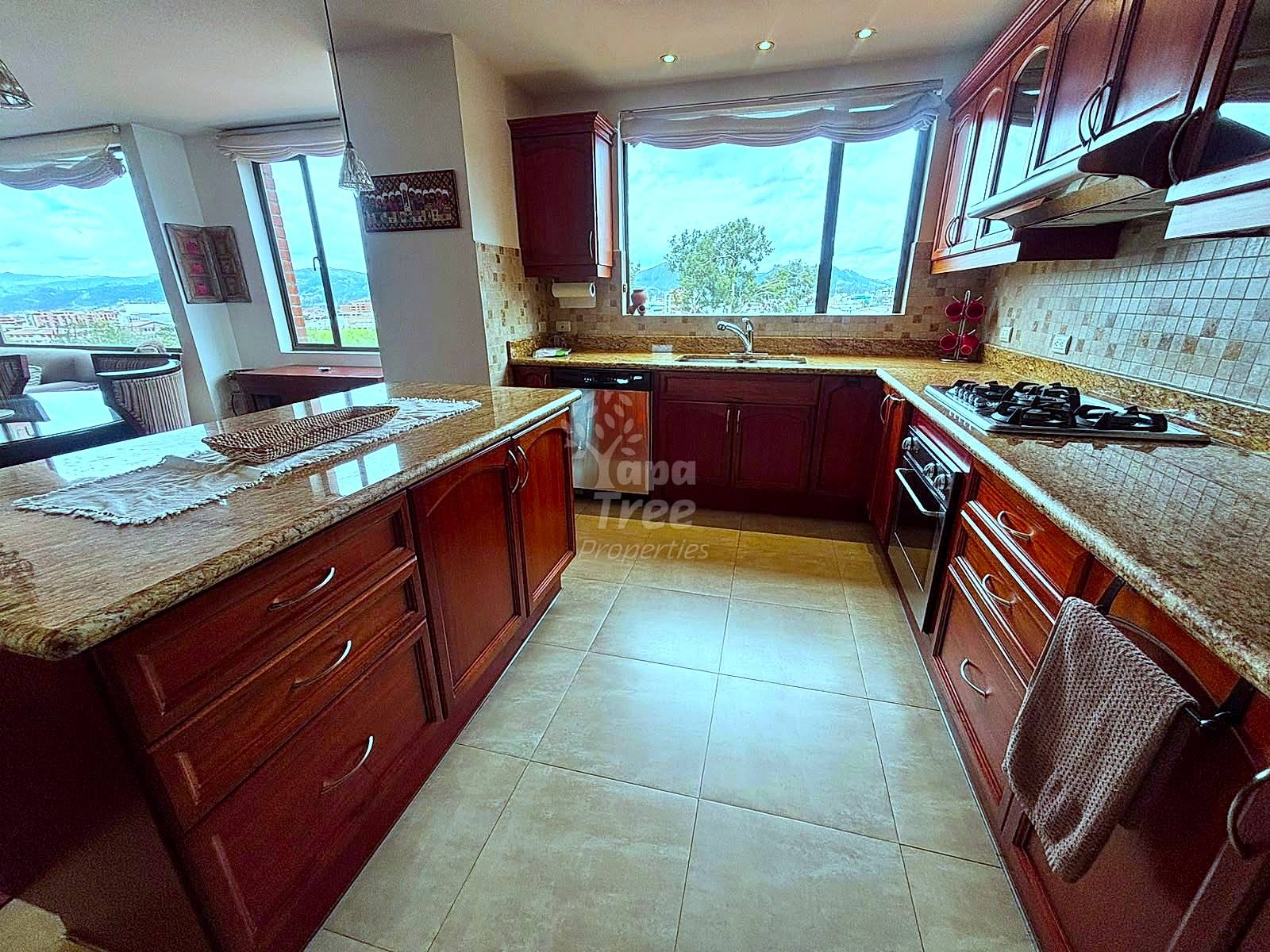 Kitchen with dark wood cabinets, granite countertops, gas stove, and large windows overlooking mountain valley views in natural daylight.