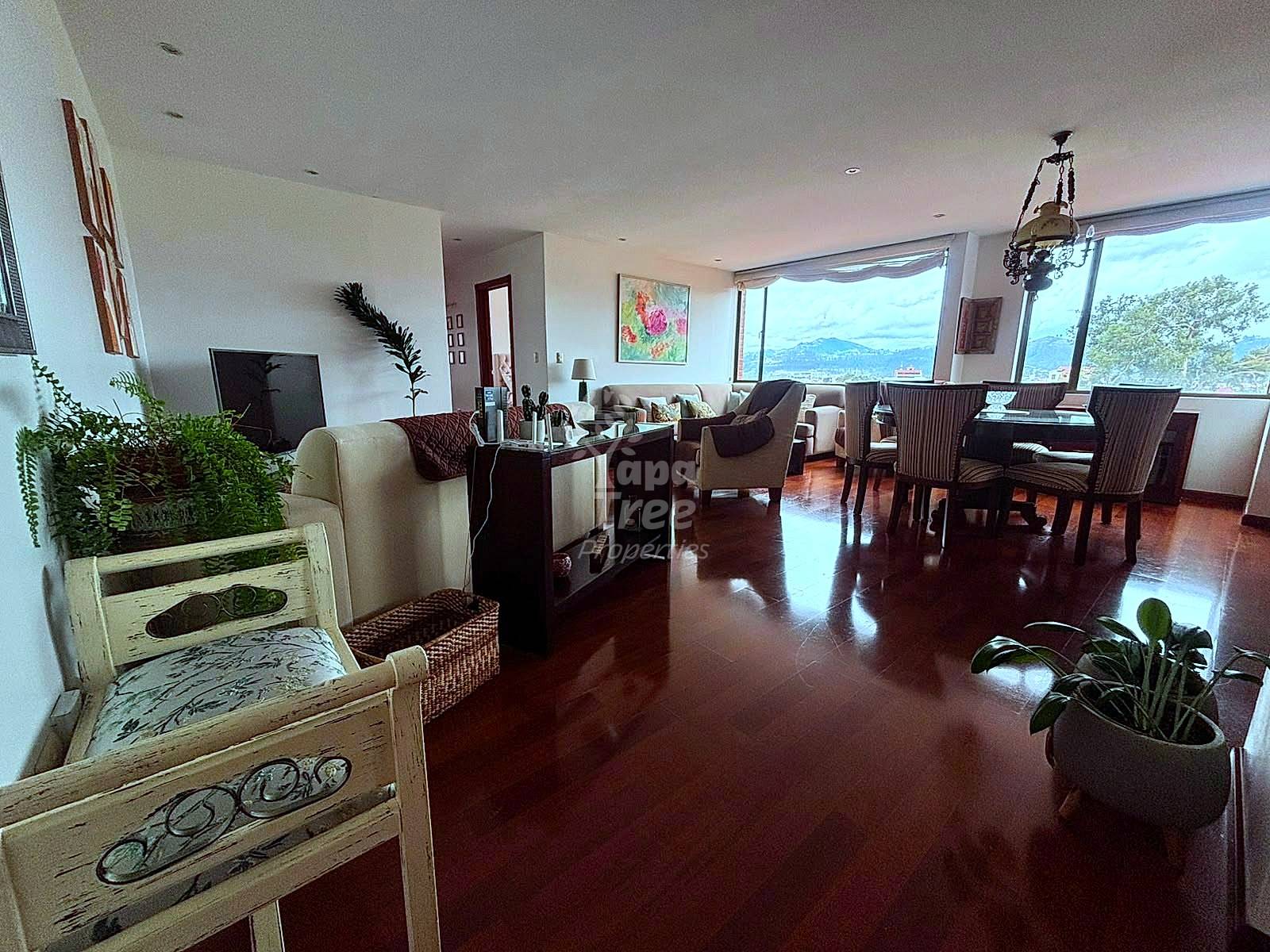Open living and dining area with dark wood flooring, beige sofas, dining chairs, large windows overlooking mountains, recessed lighting, and potted plants.