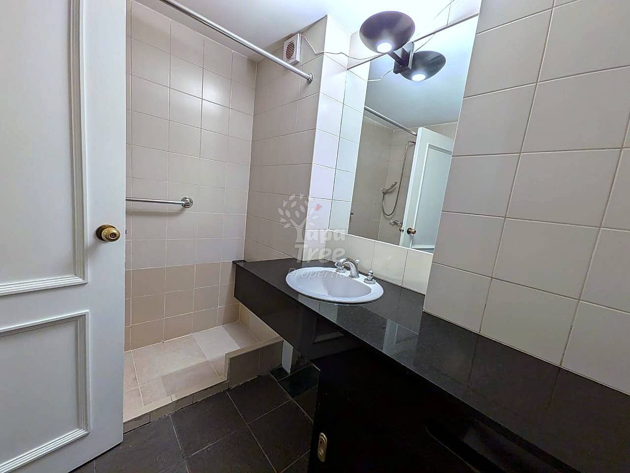 Bathroom with beige tile walls, black granite vanity, white ceramic sink, mirror, overhead light fixture, and shower area with glass enclosure.