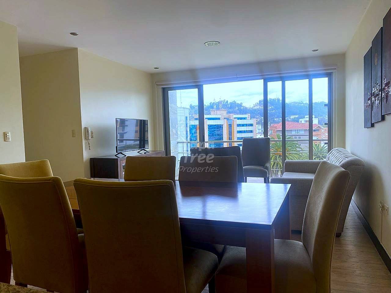 Living room with a wooden dining table and six chairs, TV stand with flat screen, and sofa.