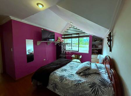 Bedroom with magenta walls, wooden bed frame, wall-mounted TV, built-in shelving, sloped ceiling with skylight, and large window with mountain views.