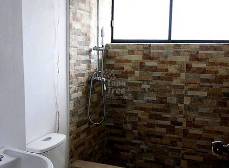 Bathroom with white toilet, brown brick tile walls, glass shower enclosure with rainfall showerhead, and window with dark frame.